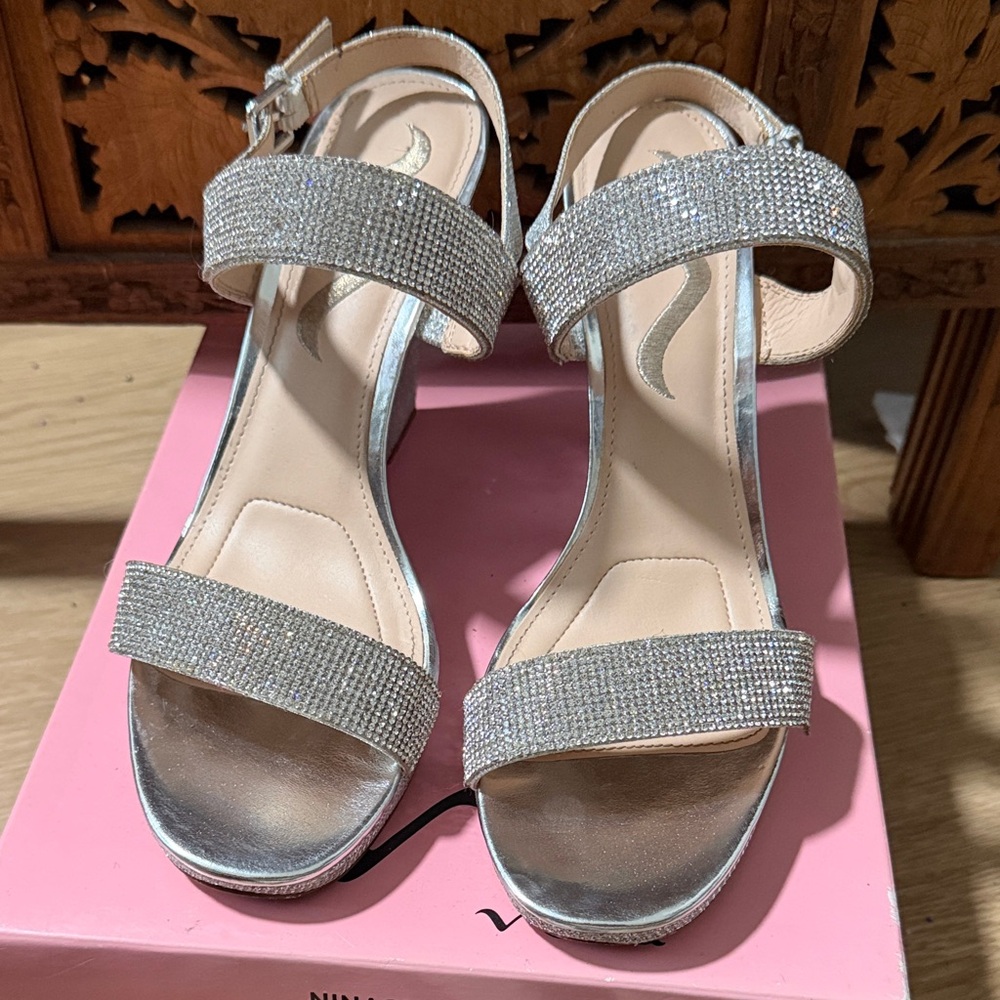 Nina Sparkling Silver Rhinestone Two-Strap Block Heel Sandals